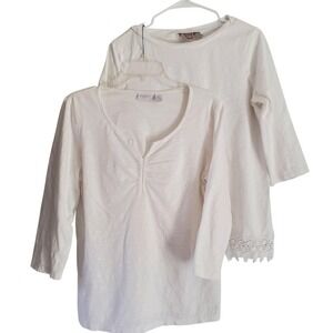 Lot of 2 Chicos Shirt Women Medium 1 White Crochet Hem 3/4 Sleeve Slub Cotton